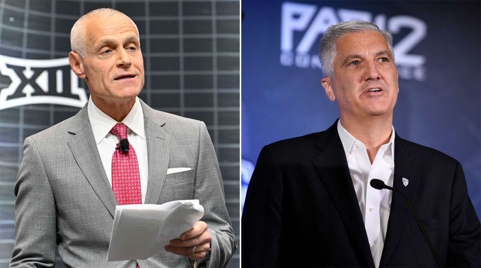 Big 12 commissioner Brett Yormark and Pac-12 commissioner George Kliavkoff.